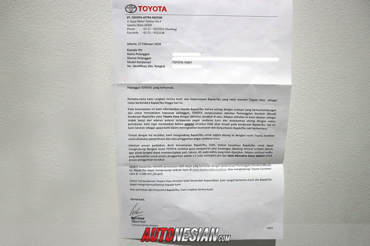 Surat Recall Toyota Voxy Indonesia